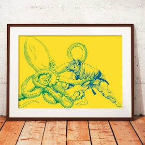 Octopus vs Tiger grappling match- bjj, judo - 8x10 or 11x14 inches - bjj gift - judo gift - jiujitsu gift - photographic print.