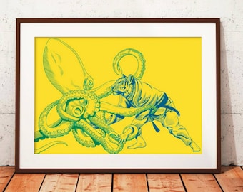 Impresión de judo de pulpo contra tigre: arte de grappling, regalo de BJJ