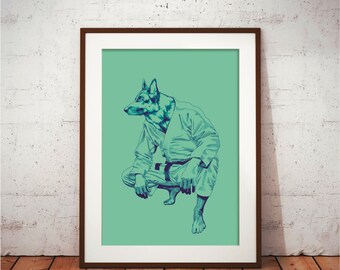 Lámina artística de Jiu Jitsu de pastor alemán - Regalo de BJJ, karate y judo