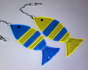 Bright Funky Fish Suncatcher - Fused Glass - Blue and Yellow