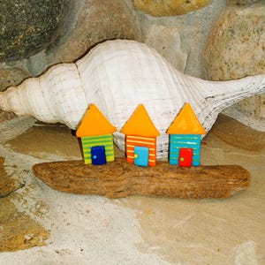 Fused Glass Beach Houses Sculpture on Driftwood - Coastal Decor