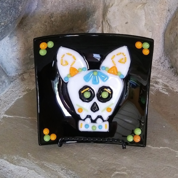 Sugar Skull Dog - Fused Glass Trinket Dish