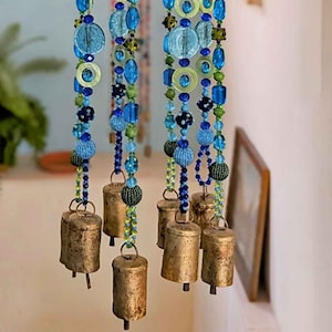 Beaded Wind Chime: Turquoise & Aqua Bohemian Mobile with Brass Bells