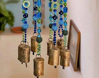 Eclectic home decor, Beaded sun catcher, Turquoise Green, and Aqua Blue Bohemian mobile Wind Chimes with Brass Bells (made to order)