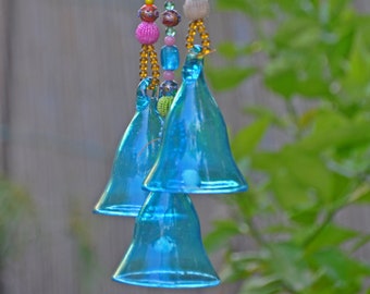Boho Décor, Turquoise glass bells, Garden decoration, Beaded Hanging bells, Boho Housewarming Gift, Patio Décor, Windchimes for outdoor