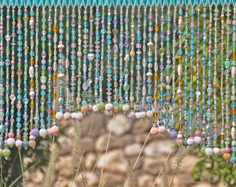 unique home decorUnique hand made Beaded  Boho Window Valance in Pastel Shadows (made to order)