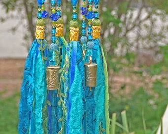unique home decorTurquoise and yellow Boho bells mobile with fabric tassels (made to order)