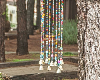 Colorful Bohemian Beaded Mobile with Brass bells (made to order)