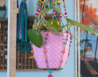 Bohemian Beaded Plant Hanger: Suncatcher Planter, Dopamine Decor