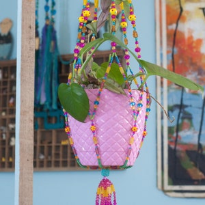 Unique Home Decor, Bohemian beaded plant hanger- Suncatcher Planter, Beaded Sun Catcher, Colorful Beaded Plant Hanger,Dopamine decor