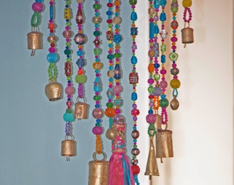 Large Glass Bead Driftwood Suncatcher: Multicolor Beaded Mobile with Brass Bells
