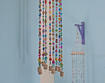 Bohemian Colorful  Beaded Mobile With Brass Bells