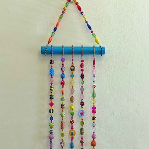 Handmade Glass Bead Mobile Suncatcher: Boho Wind Chimes with Brass Bells