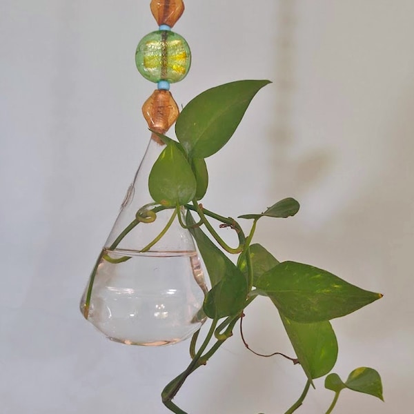 Boho Chic Eclectic Glass Vase Hanging on Colorful Glass Bead Chain - Urban Jungle Home Decor & Unique Housewarming gift for plant lover