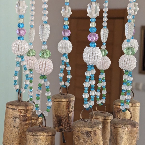 Eclectic home décor, Beaded sun catcher in pastel shadows, Bohemian mobile Wind Chimes with Brass Bells