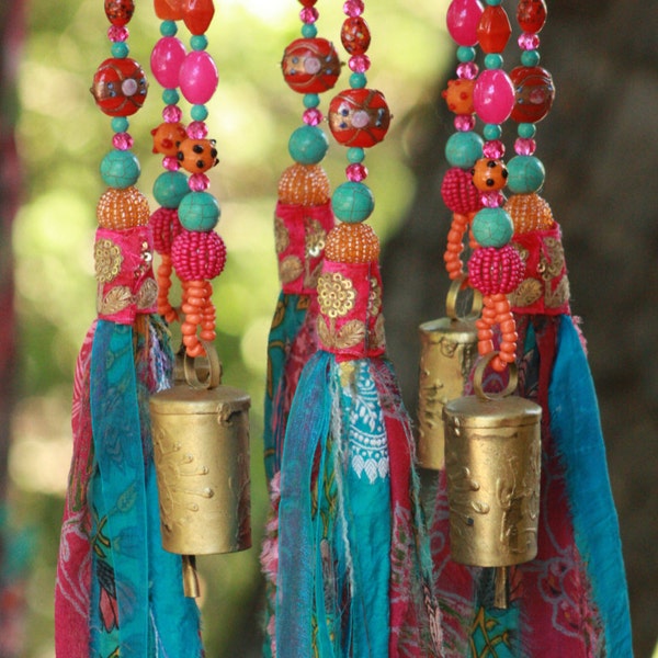 Unique Home Décor, Colorful Beaded Mobile Wind Chime With Brass Bells and Fabric Tassels, Hand Made To Order