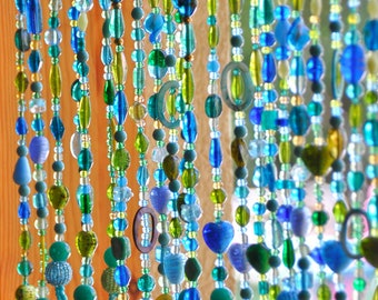 Beaded Curtains In Shadows Of Blue Turquoise Green & Transparent, Unique Home Decor, Hippie Boho Living Room, Glass Beads Curtain