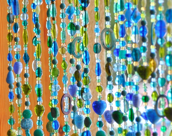 Beaded Curtains In shadows of Blue Turquoise green & transparent. 16 beaded strings 30 inches (75 cm) long each(made to order)