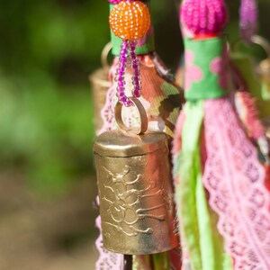Beaded Wind Chime with Brass Bells and Fabric Tassels - Bohemian Mobile