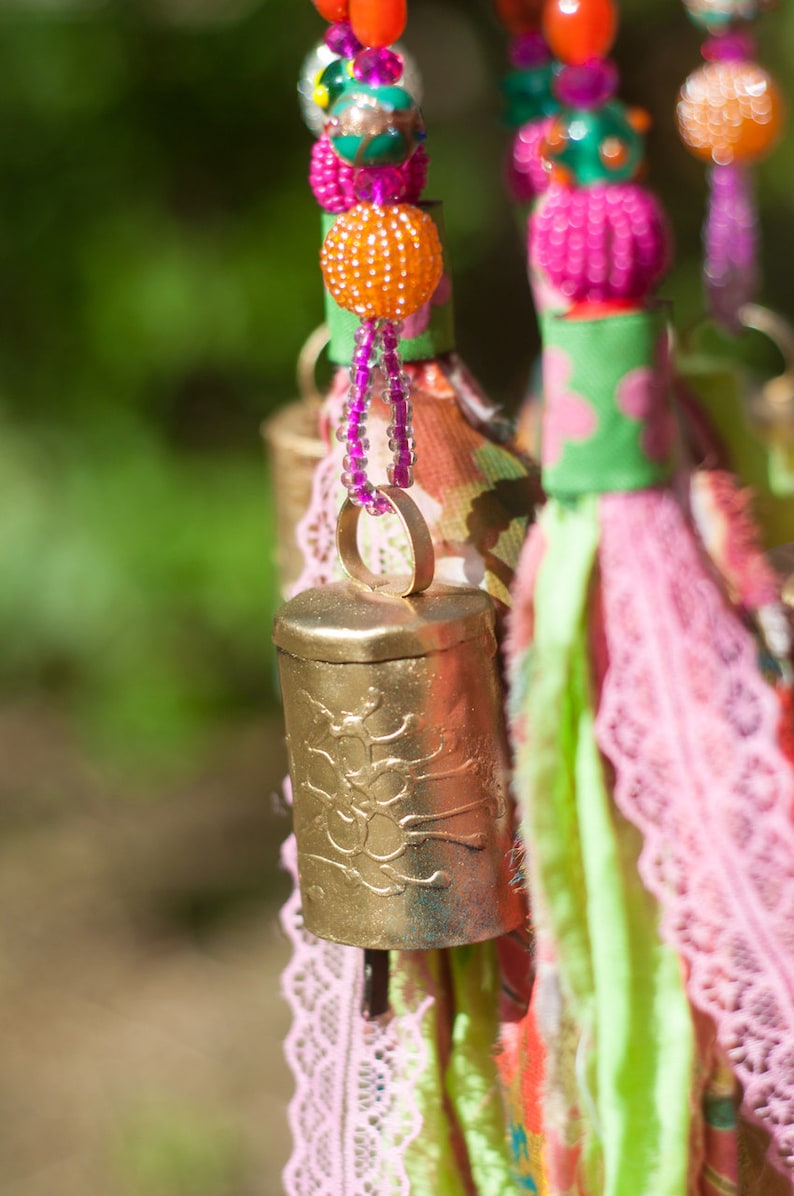 Beaded Wind Chime with Brass Bells and Fabric Tassels - Bohemian Mobile