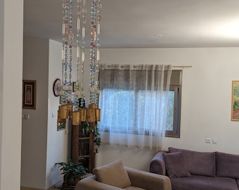 Beaded sun catcher in pastel shadows, Bohemian mobile Wind Chimes with Brass Bells