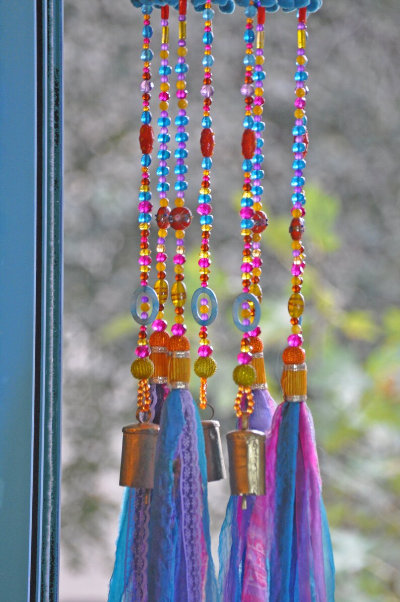 Colorful Sun Catcher Beaded Mobile With Brass Bells and Fabric Etsy