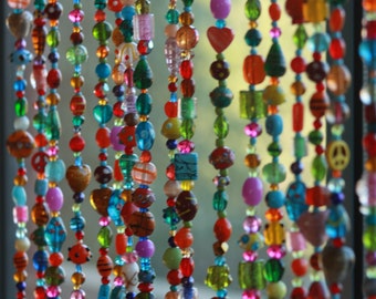 Bohemian Beaded Curtain: Colorful Brass Bells, Hippie Home Decor