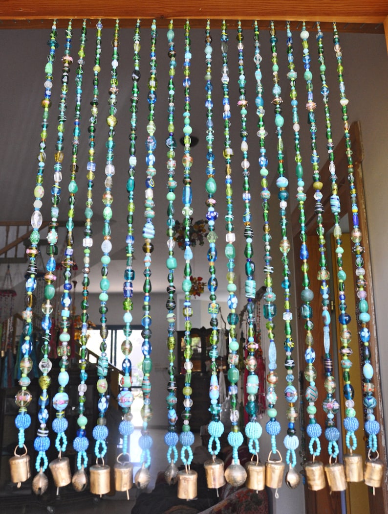 Unique home decor, Beaded Curtains In shadows of Blue Turquoise green & transparent, Happy Home Accent, Art Hanging, Unique Home Piece image 4