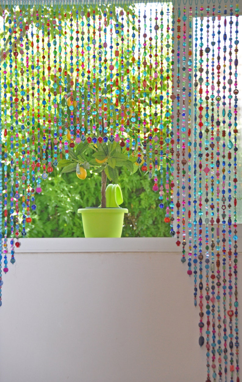 Artistic Beaded Doorway Curtain: Turquoise, Pink, Gold Arch