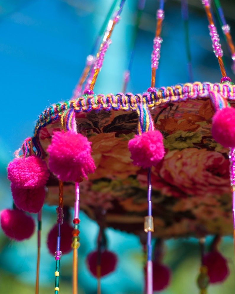 Beaded Wind Chime with Brass Bells and Fabric Tassels - Bohemian Mobile