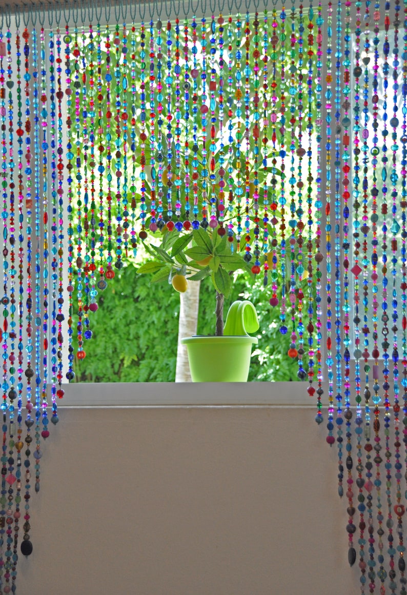 Artistic Beaded Doorway Curtain: Turquoise, Pink, Fuchsia Glass Beads