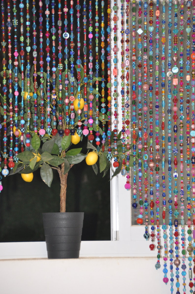 Artistic Beaded Doorway Curtain: Turquoise, Pink, Gold Arch