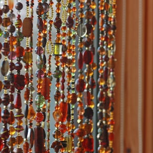 Bohemian Window Beaded Curtain in Shadows of Brown, Amber color, Gold and Touches of Green (made to order)