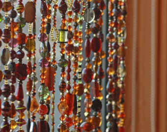 unique home decorBohemian Window Beaded Curtain in Shadows of Brown Amber Gold and Touches of Green (made to order)