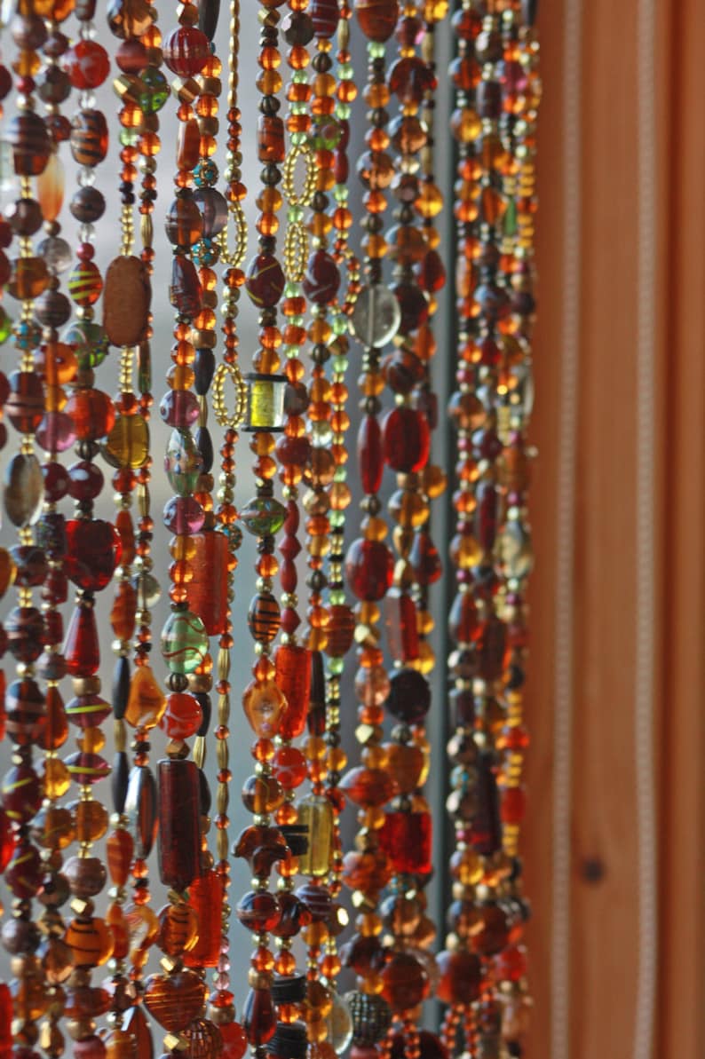 Bohemian Window Beaded Curtain in Shadows of Brown Amber Gold and Touches of Green (made to order) 