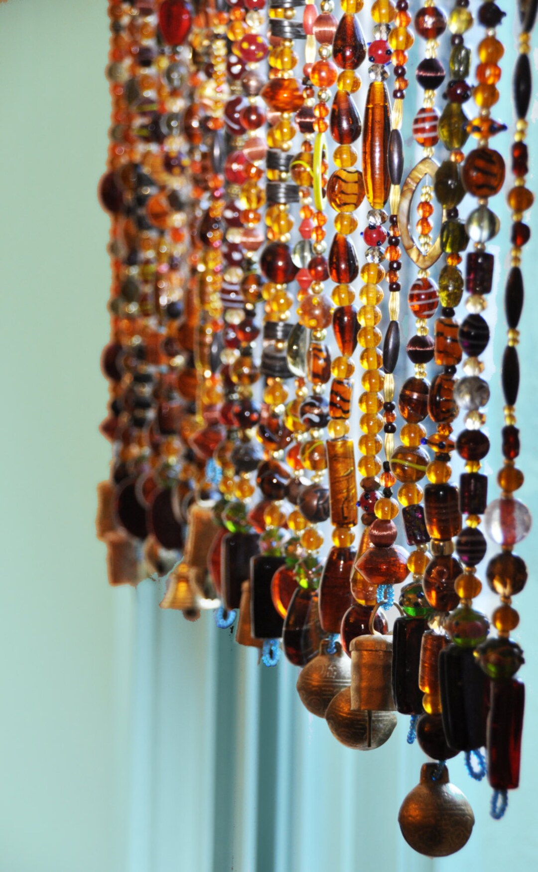 Bohemian Beaded Window Curtain: Amber, Gold Green Glass Beads