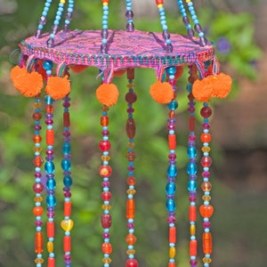 Beaded Wind Chime: Fuchsia, Turquoise, Orange, Fabric Tassels, Boho Decor
