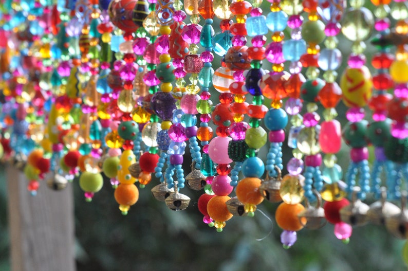 Colorful Glass Beaded Window Valance: Boho Sun Catcher with Bells