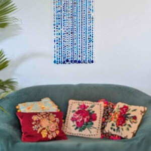 Handcrafted Boho Glass Bead Mobile | Cascading Blue Ombre Wall Hanging | Soothing Wind Chime Art