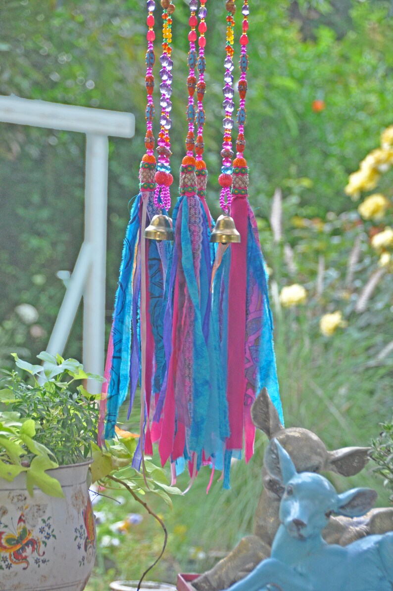 Beaded Wind Chime: Fuchsia, Turquoise, Orange Glass Beads & Bells