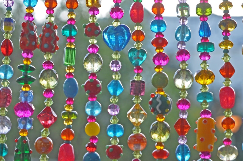 Colorful Glass Beaded Window Valance: Boho Sun Catcher with Bells