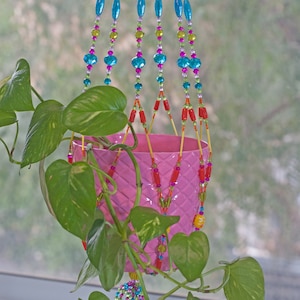 Unique Home Decor, Bohemian beaded plant hanger- Suncatcher Planter, Beaded Sun Catcher, Colorful Beaded Plant Hanger