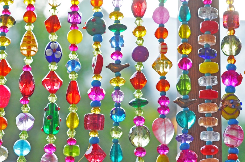 Colorful Glass Beaded Window Valance: Boho Sun Catcher with Bells