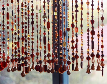 Bohemian Window Beaded Curtain in Shadows of Brown Amber Gold and Touches of Green (made to order)