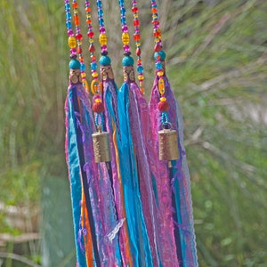 Beaded Wind Chime: Fuchsia, Turquoise, Orange, Fabric Tassels, Boho Decor