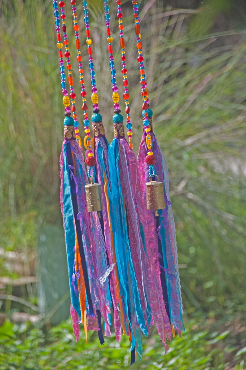 Beaded Wind Chime: Fuchsia, Turquoise, Orange, Fabric Tassels, Boho Decor