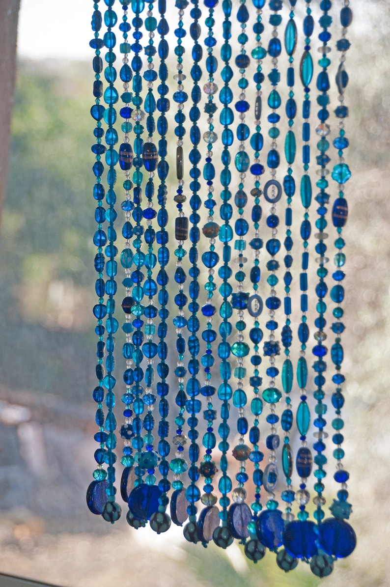 Blue Beaded Curtain: Boho Home Decor, Window or Wall Hanging