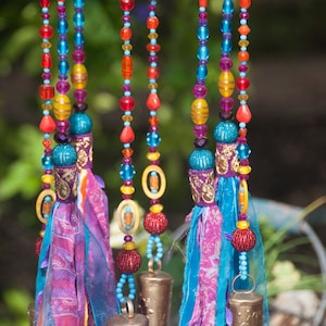 Beaded Wind Chime: Fuchsia, Turquoise, Orange, Fabric Tassels, Boho Decor