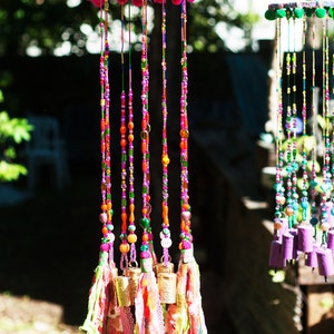 Beaded Wind Chime with Brass Bells and Fabric Tassels - Bohemian Mobile