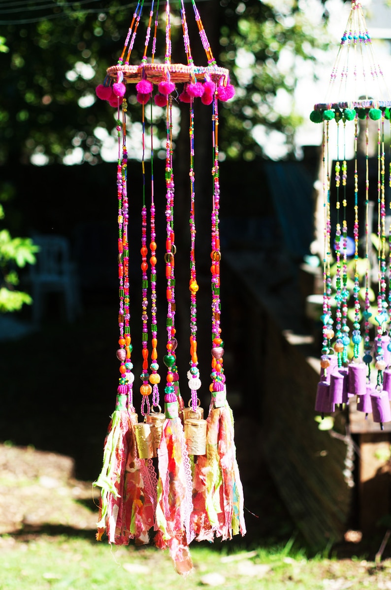 Beaded Wind Chime with Brass Bells and Fabric Tassels - Bohemian Mobile